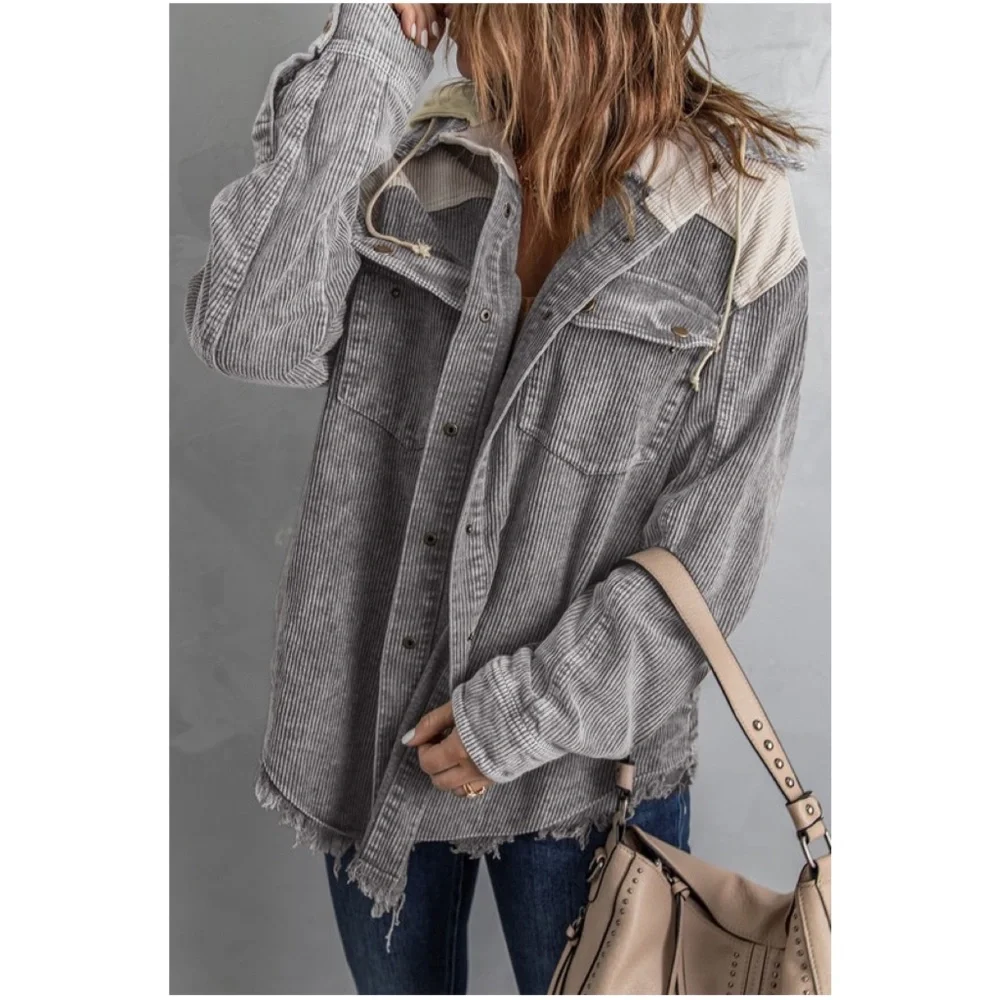 016 Cozy Color Block Oversized Corduroy Hoodie Jacket Shacket - Picture 5 of 8